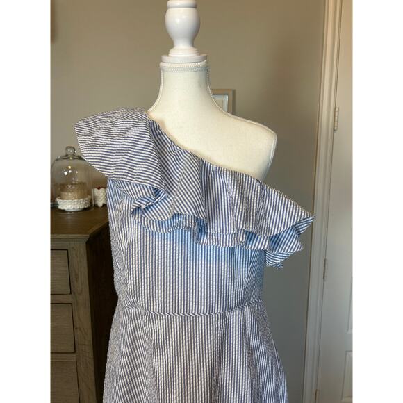 J. Crew | (NWT) 100% Cotton Pinstriped One Shoulder Classic Sheath Dress | 12 - Picture 5 of 15